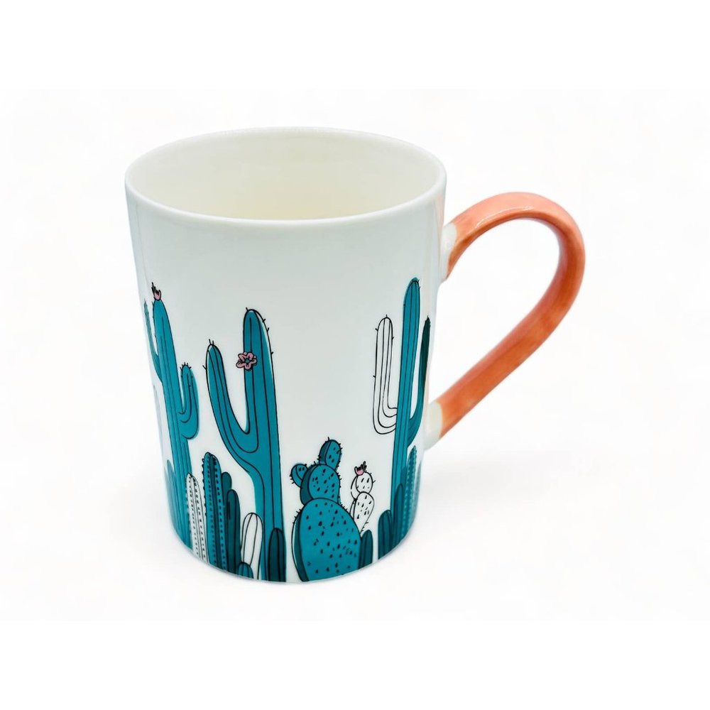 White Bone Chine Mug with Green Cacti / Cactus and Pink Handle -